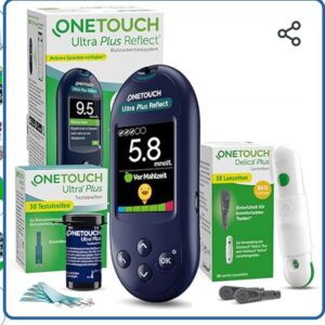 OneTouch Ultra Plus Reflect® Blutzuckermessgerät Set – Starterset Diabetes mmol/L – Inkl. 40 Teststreifen & 40 Lanzetten – Präzise Messung, einfache Anwendung – Stiftung Warentest SEHR GUT (1,5